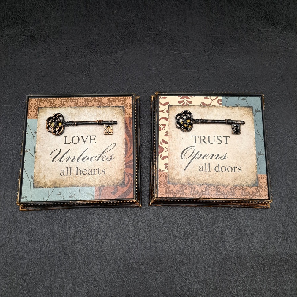 Set of 2 Vintage Style Skeleton Key Wall Art Plaques Love Trust Distressed Decor